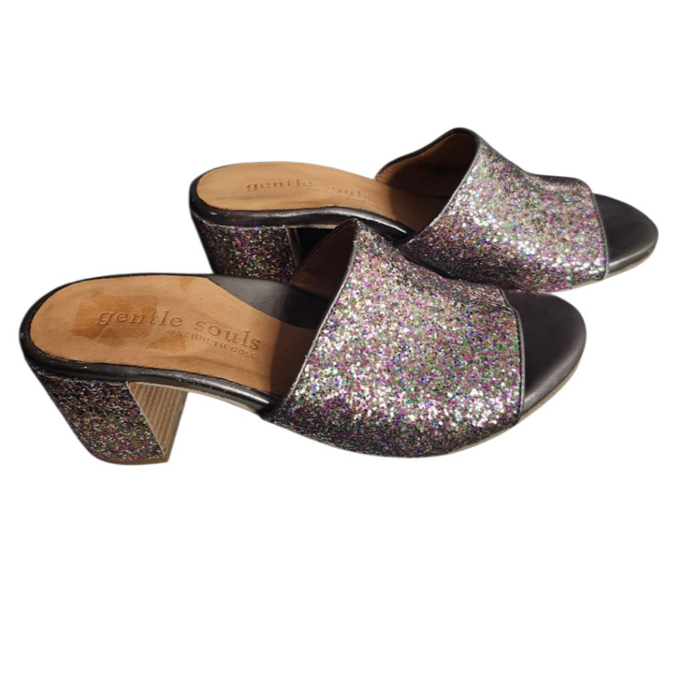 Gentle Souls by Kenneth Cole Chantel Glitter Block Heel Slide Sandals Sz 7.5